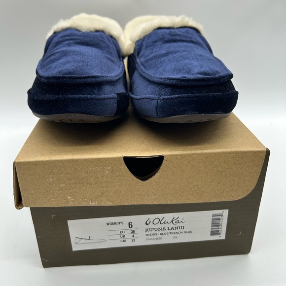 Olukai Ku‘una Lanui Slippers Women’s Size 6 Trench Blue | Real Fur Liner NWT - Picture 10 of 10